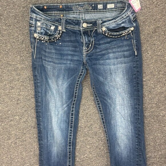 Miss Me Skinny Jeans Womens 28 Bling Rhinestone Flap Pockets Dark Wash Y2K Style - Picture 3 of 4